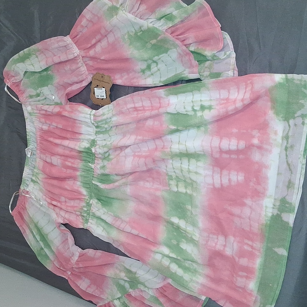 Pink and Green Tie-Dye Off-Shoulder Dress